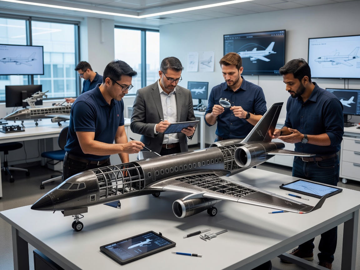 Aerospace engineers reviewing the structural design and aerodynamics of a new aircraft model
