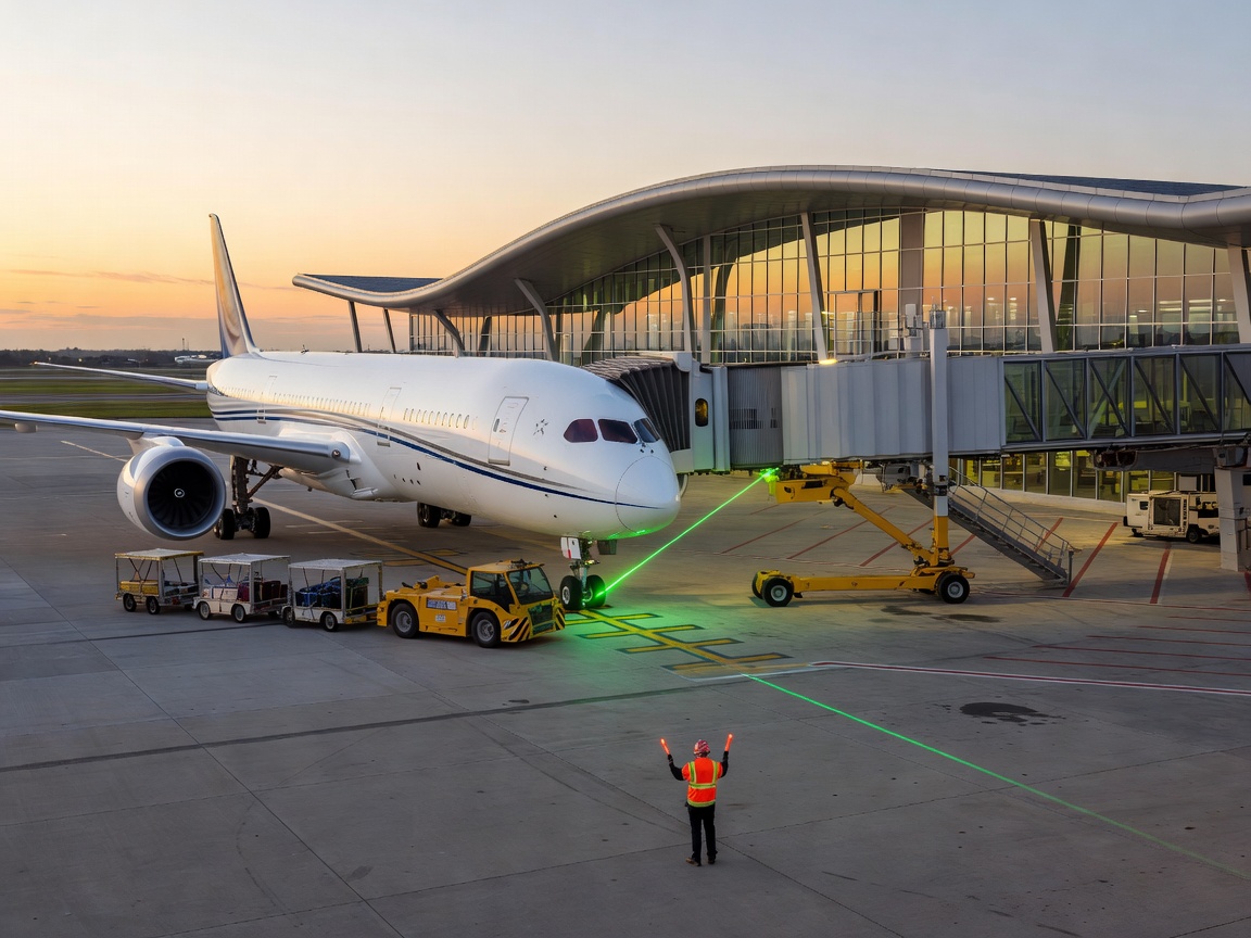 Commercial aircraft arriving at an airport terminal gate guided by ground systems