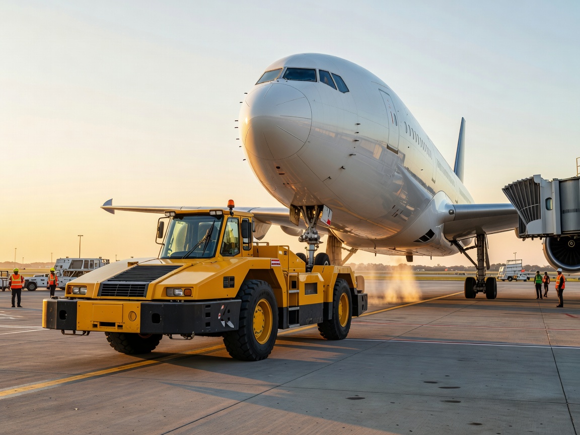 Specialized pushback tug tractor moving a heavy commercial aircraft away from the gate