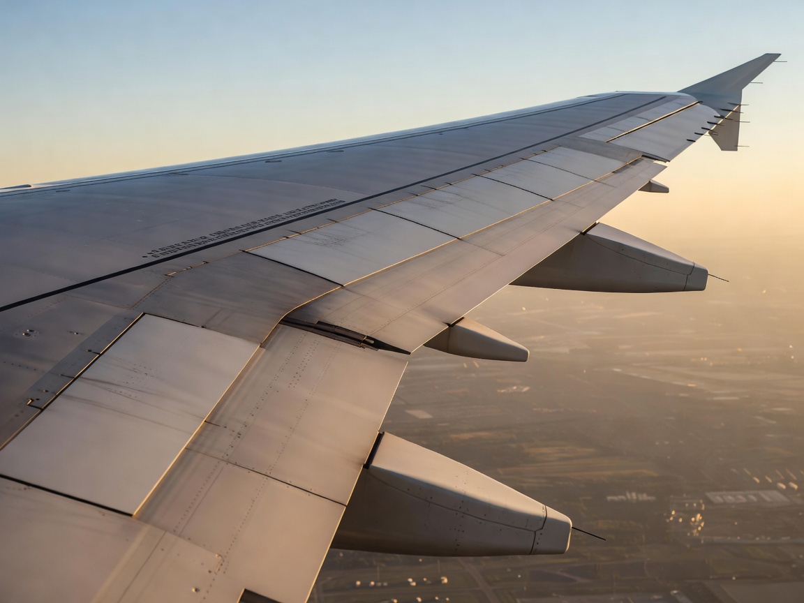 Commercial aircraft wing showing extended landing flaps and control surfaces