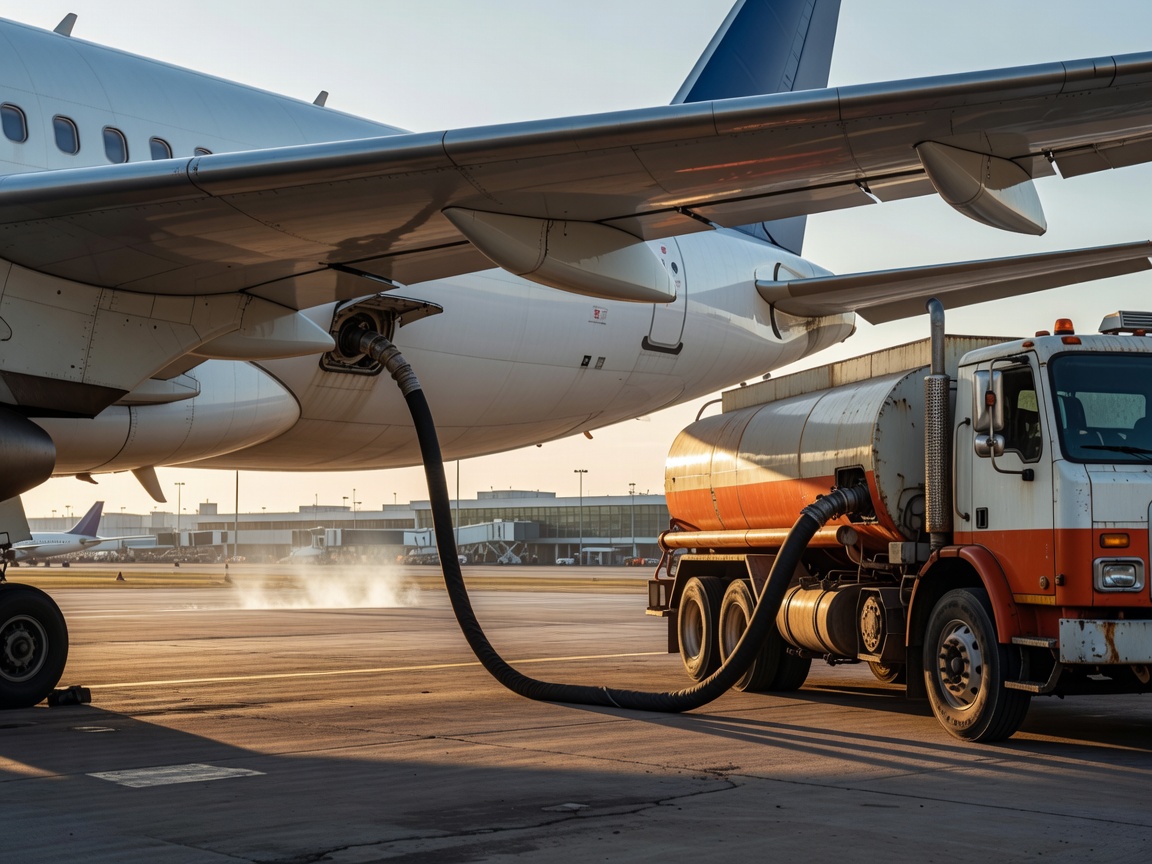 Aviation fuel truck refuelling a commercial aircraft wing tank