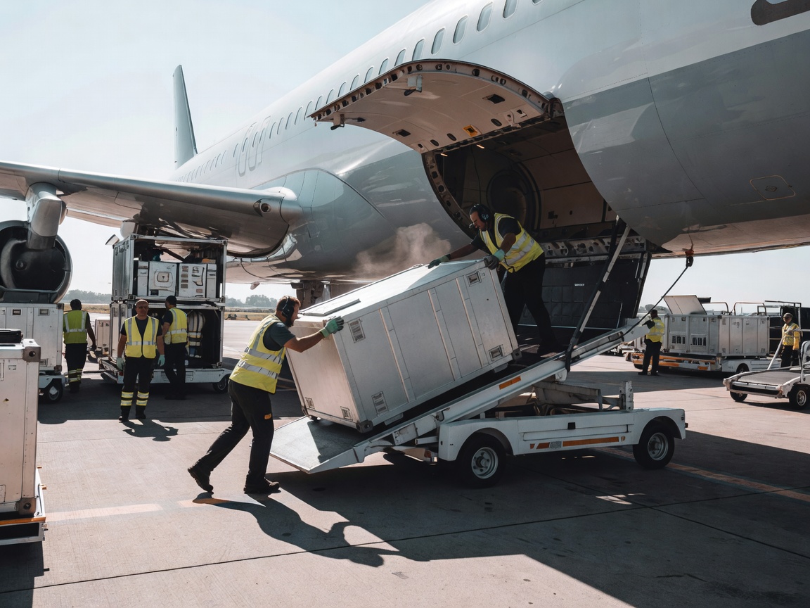 Ground crew loading baggage containers into an aircraft cargo hold