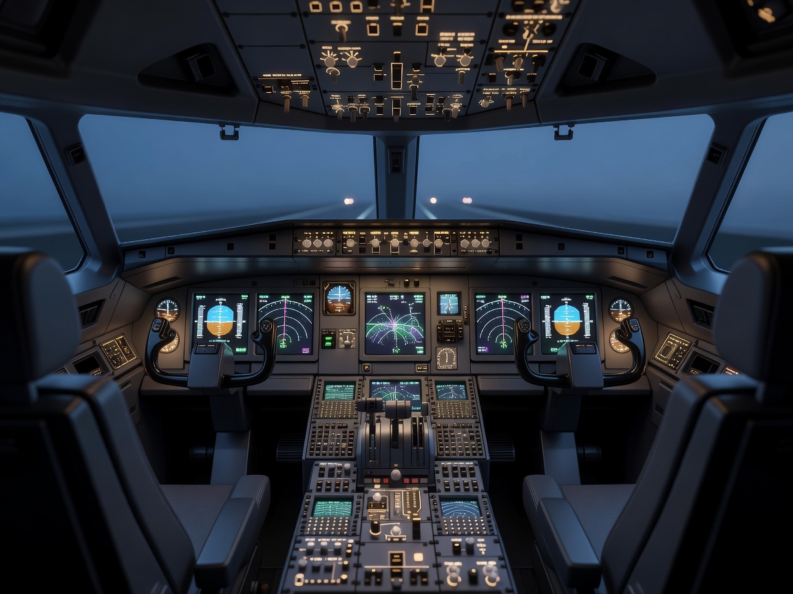 Modern passenger aircraft cockpit with active flight displays and instrumentation