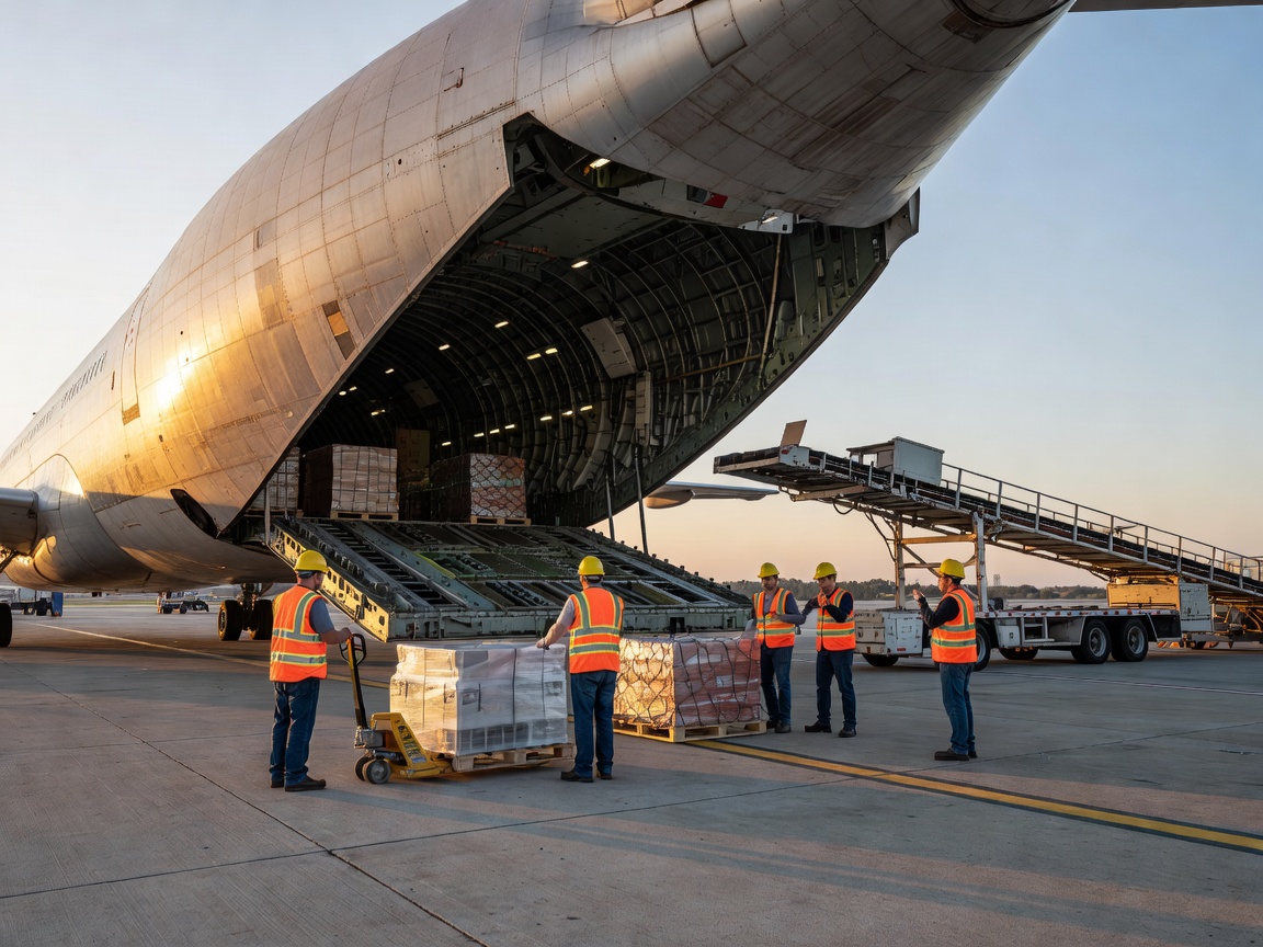 Freighter aircraft with main deck cargo door open for loading operations