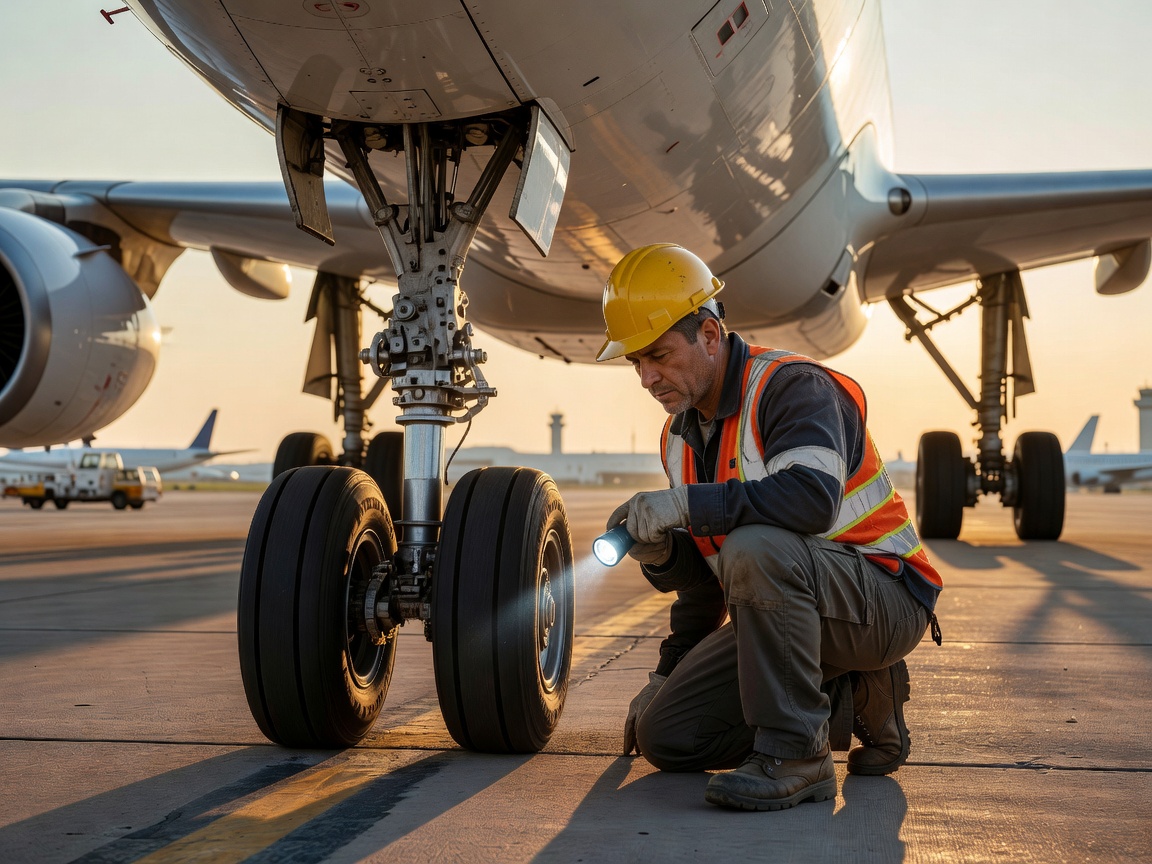 Ground engineer conducting a visual inspection of aircraft landing gear