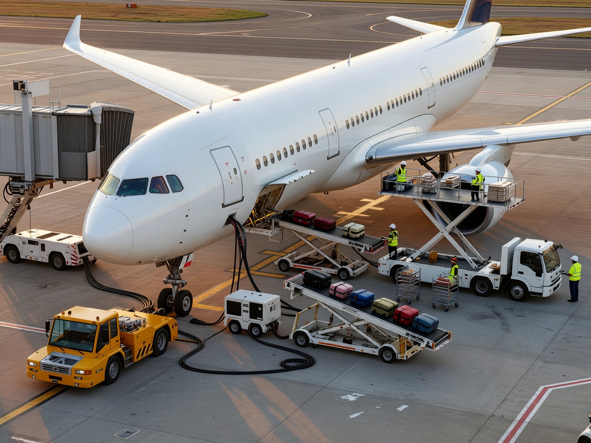 Ground handling equipment and power units connected to a parked passenger aircraft