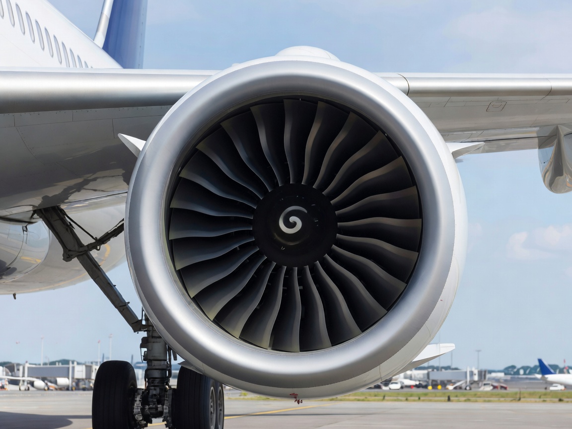 Front view of a high-bypass turbofan engine mounted on an aircraft