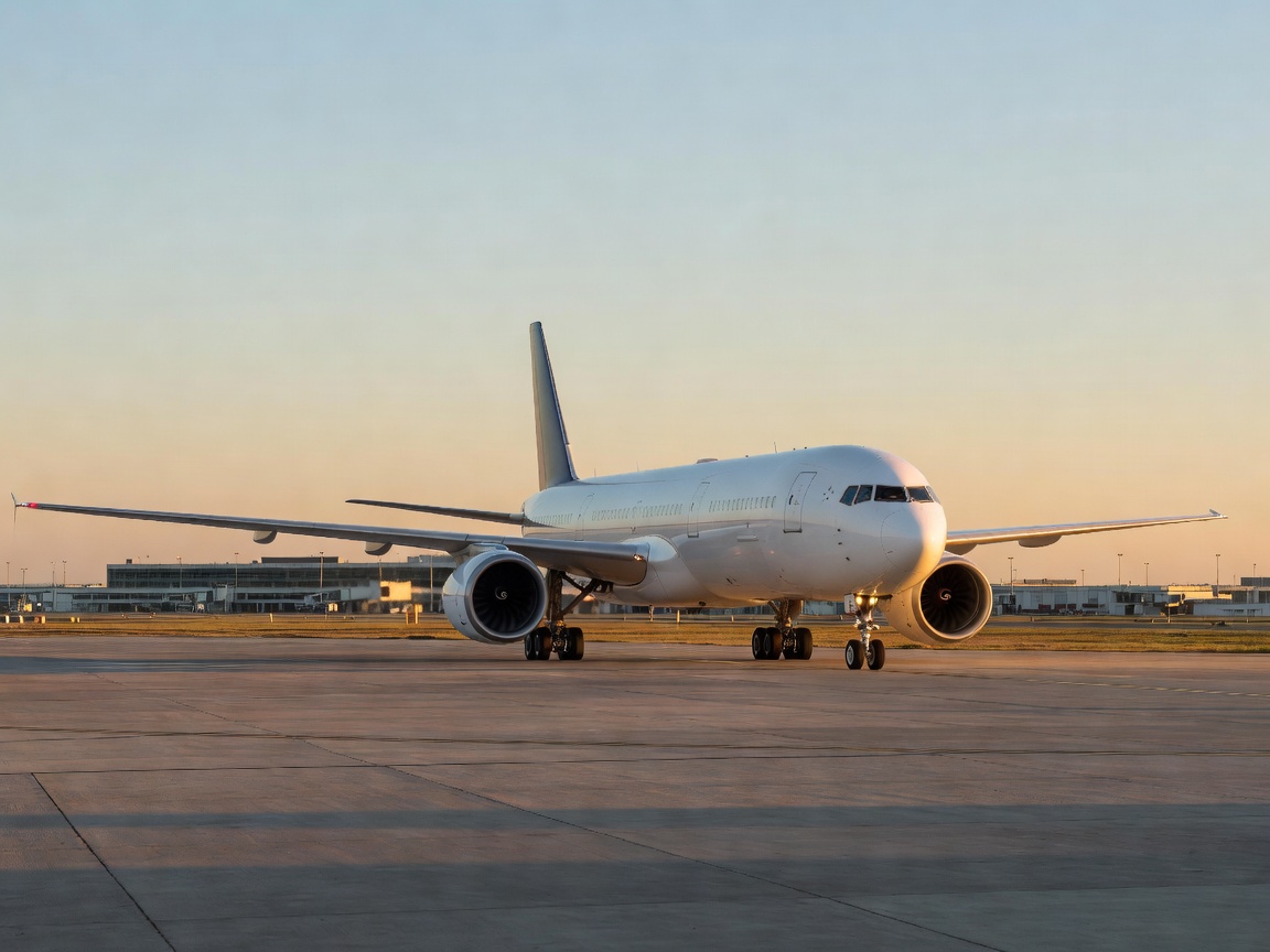 Large widebody commercial aircraft showing its extended wingspan