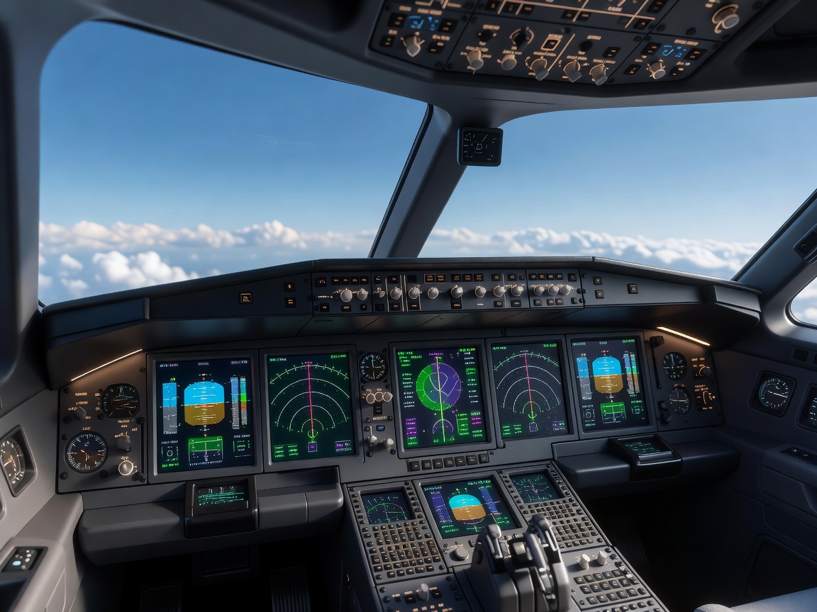 Modern passenger aircraft cockpit with flight displays