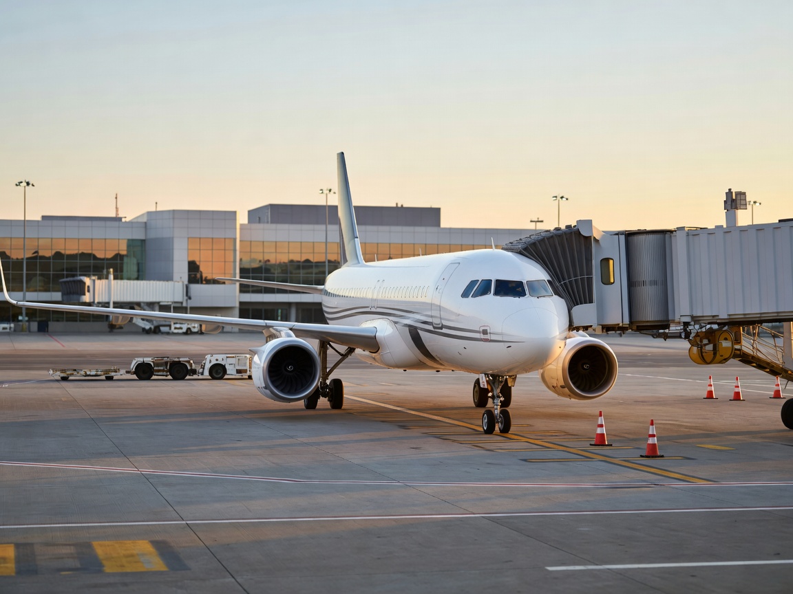Narrowbody commercial aircraft parked at an airport terminal gate