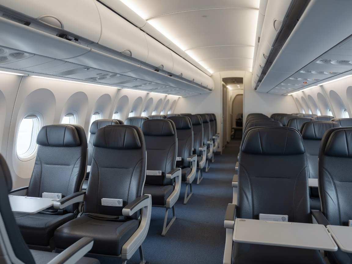 Modern aircraft passenger cabin interior showing seating layout and overhead storage compartments