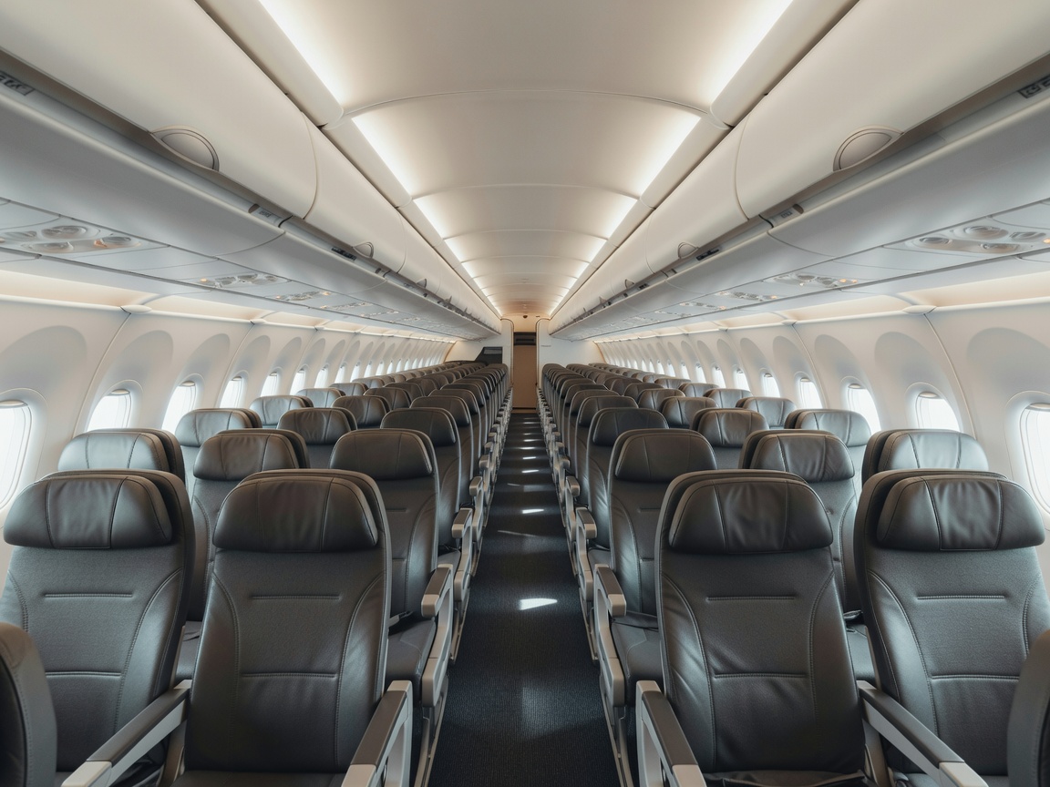 Interior of a widebody aircraft showing two passenger aisles